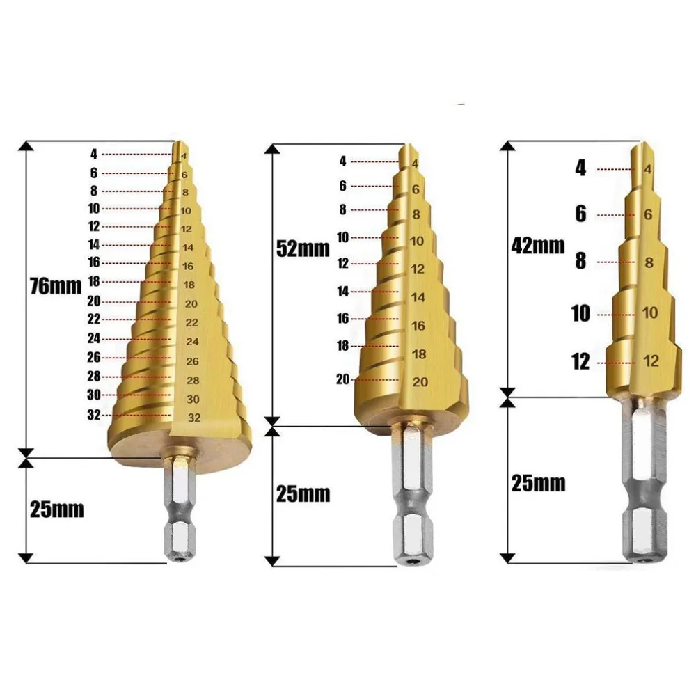 Imagem -03 - Conjunto de Brocas Passo Hss Peças Cortador de Buraco Cônico Métrico 122032 mm Brocas de Núcleo Sextavado de Metal Revestido de Titânio
