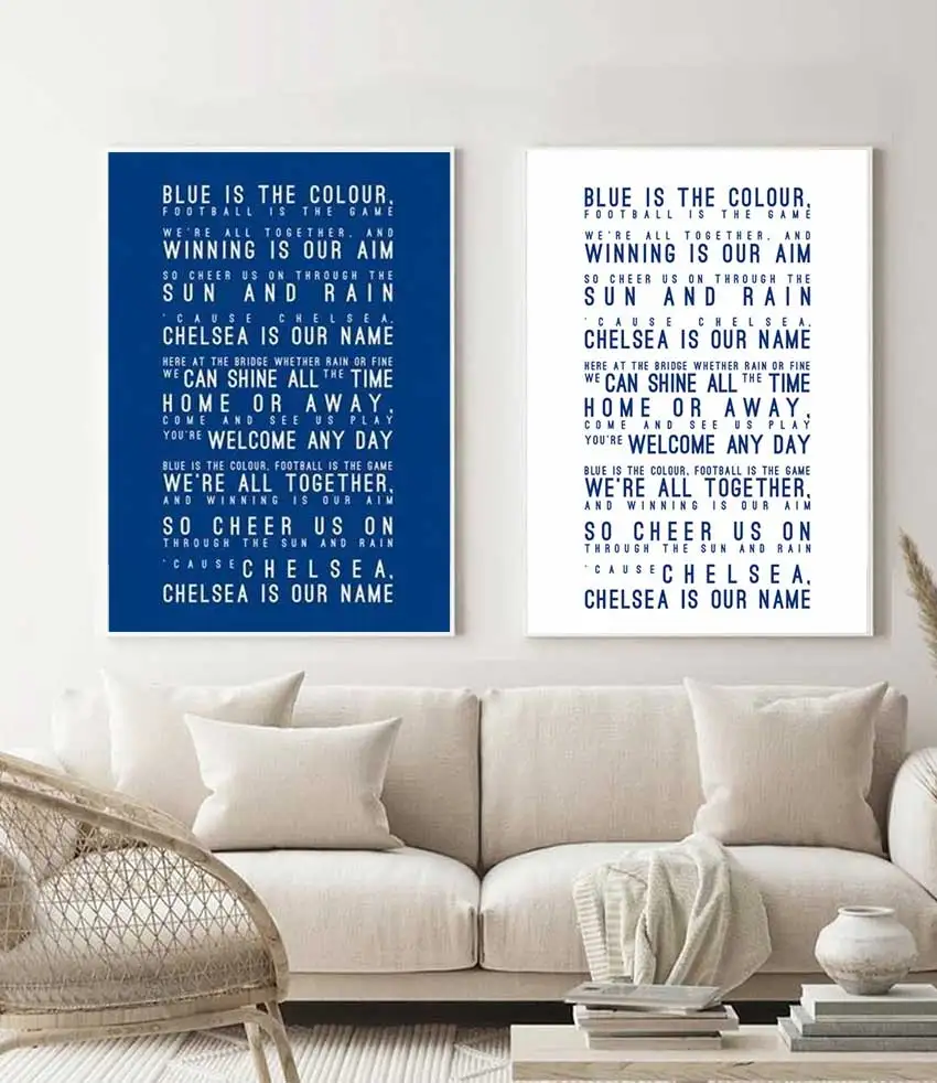 1 pieza de impresión en lienzo sin marco con letras de canciones en azul, arte de pared inspirado en las letras de canciones del Chelsea FC para decoración del hogar