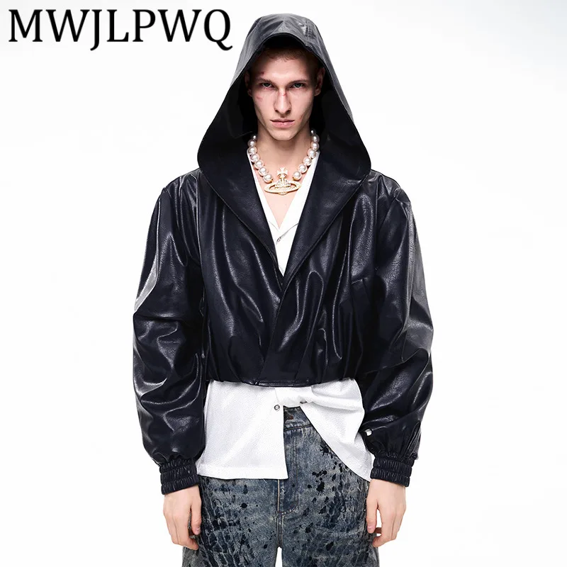

MWJLPWQ Short Hooded PU Leather Jacket For Men Autumn Winter High Street Loose Pullover Stylish Casual Coat 2025 Trend New 12283