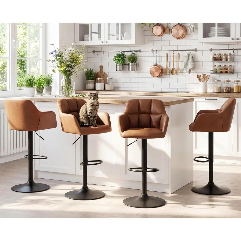 Swivel Bar Stools Set of 2 Leather Counter Height Barstools with Back and Arms Adjustable Bar Stool Chairs with Metal Base for K - view 3