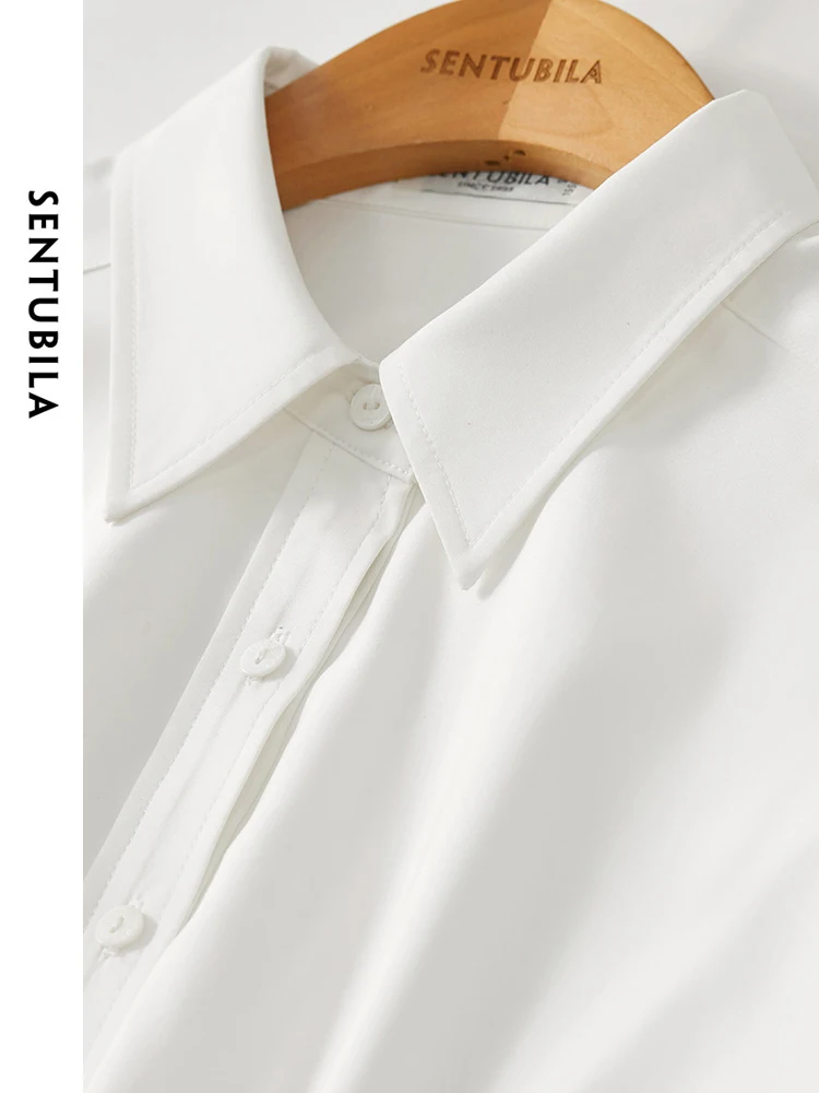 SENTUBILA Cropped White Shirt & Blouse Solid Polo Collar Button Up Long Sleeve Blouses 2024 Spring Summer Simple Tops 141C52395