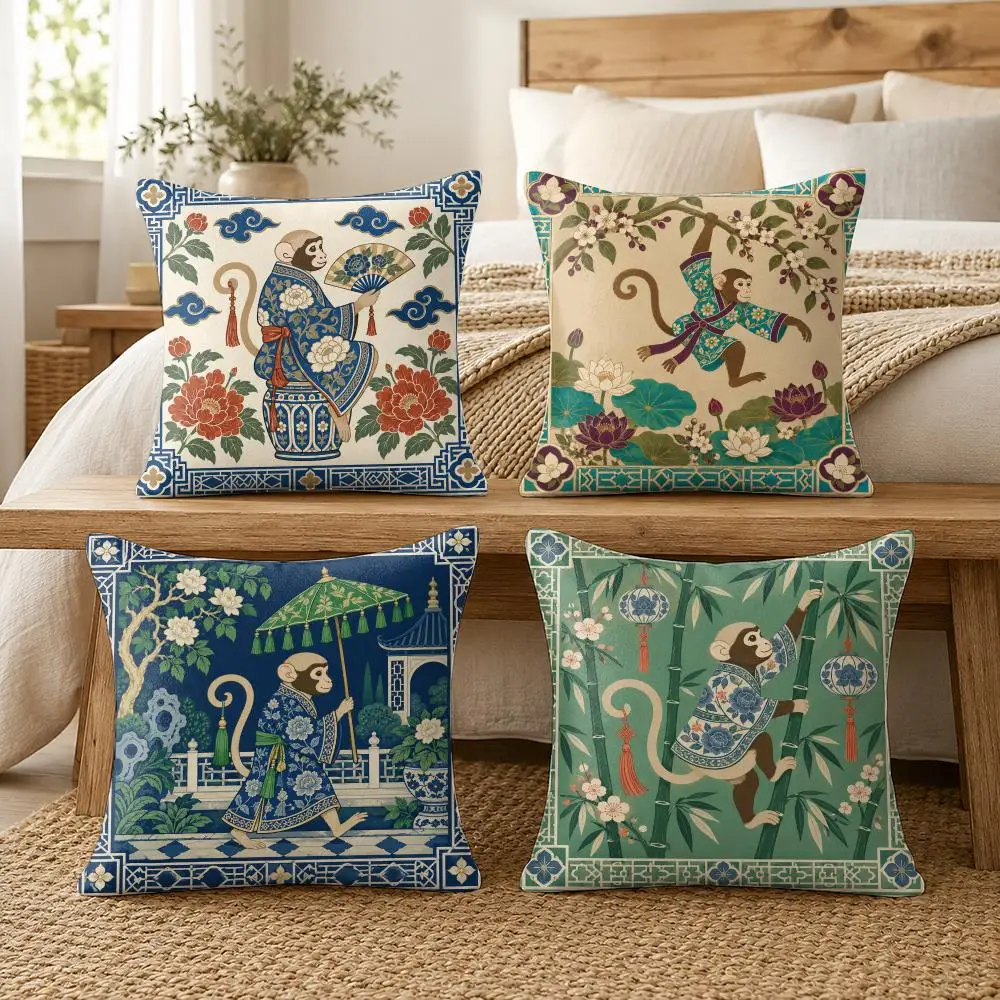 Modern Chinoiserie Monkey Cushion Cover Soft Short Plush Pillow Cases Hidden Zipper Cutecore Sofa Bedroom Home Decor Gift