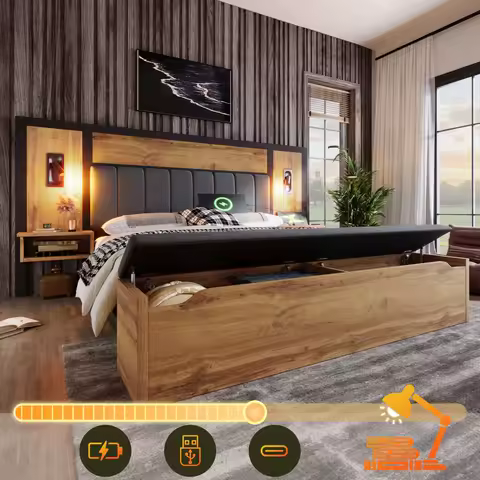 Bed with Upholstered Bed System with Reading Lamp and USB C Night Table and Seating Bench with Storage Space (without Mattress)