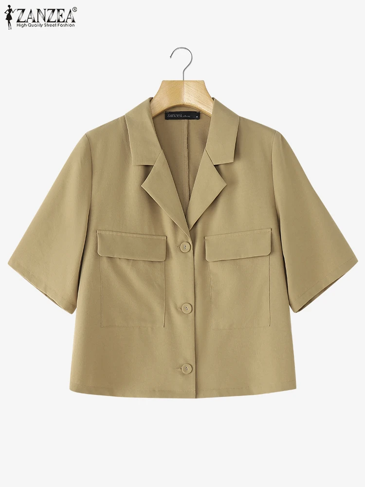 ZANZEA 2025 قمصان صيفية أنيقة بلون واحد للسيدات نصف كم بلوزة جيب غير رسمية بدلة ياقة أزرار ملابس علوية للسيدات للمكتب