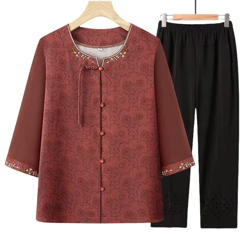 Korean Ladies Seven Divide Sleeve Straight Leg Pants 2PCS Middle-aged Mom Large Size 6XL Suit Spring Female Shirt Two-piece Set