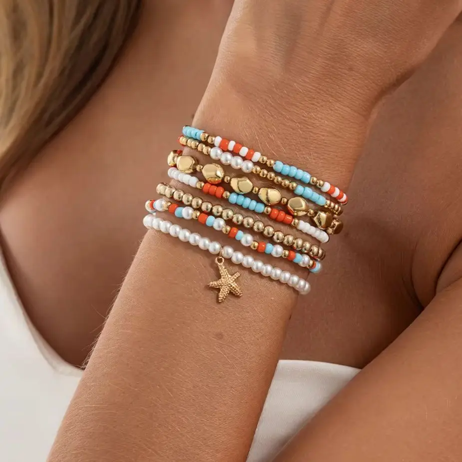 Ingemark 7Pcs/Set Boho Imitation Pearls Rice Beads Resilient Bracelets for Women Trendy Starfish Pendant Bangles Jewelry Gifts