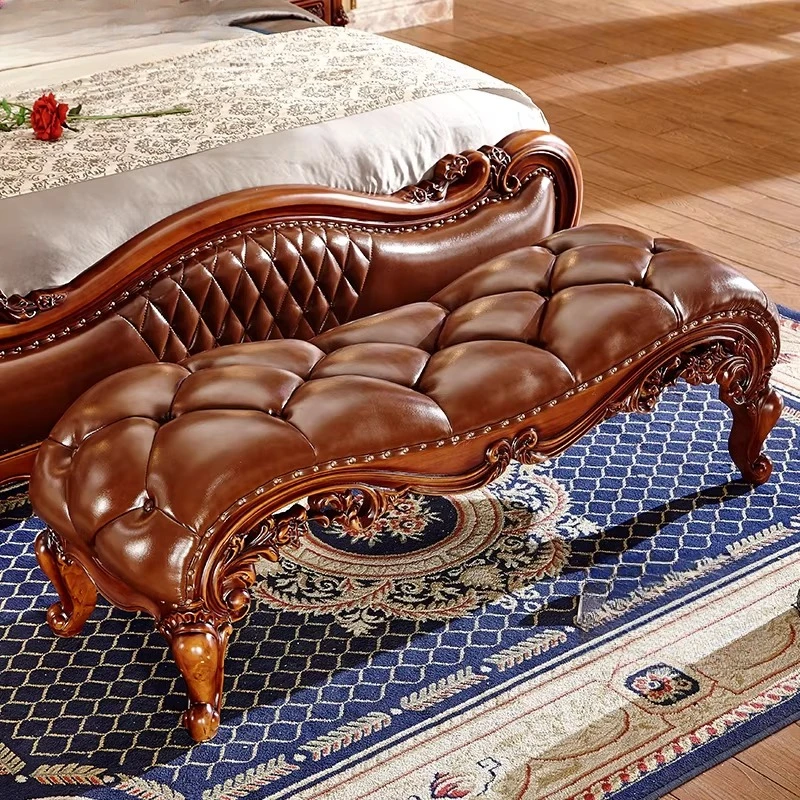 

European leather tail stool shoe stool solid wood carved bedroom bed American luxury villa retro nostalgic bed stool