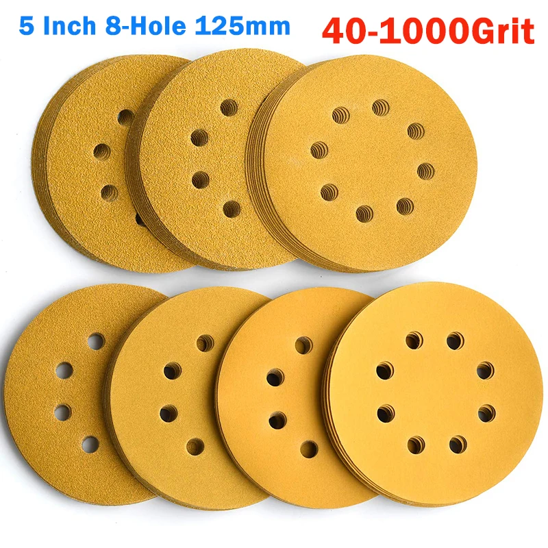 

5-дюймовые (125 мм) шлифовальные круги с 8 отверстиями, зернистость 40/60/80/100~1000, желтые, для шлифовки и полировки, на липучке, абразивная бумага для шлифовальных машин