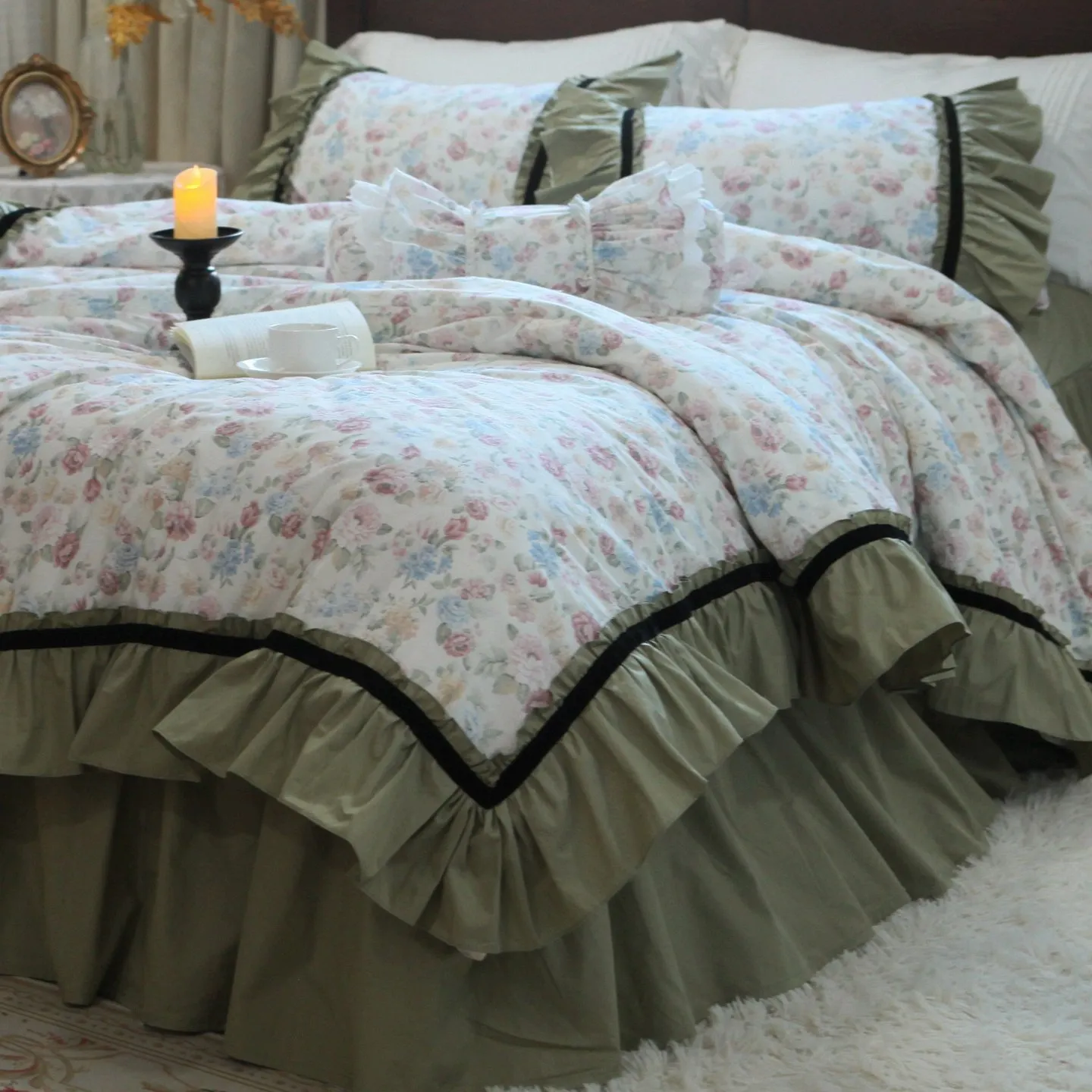 Princess Style Vintage Green Fresh 100% Pure Cotton Bedding Sets, Ruffled Bed Skirt Comforter Cover with Pillowcases Bed Linen