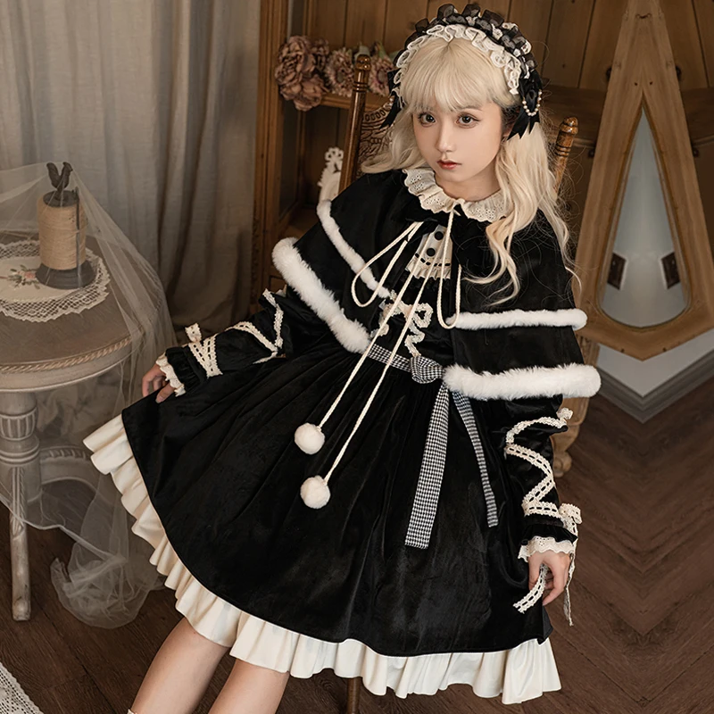 [Winter Love Song op] Design Black Elegant Winter Thick Velvet Woolen Op Cape Two piece Set for Multi Wear