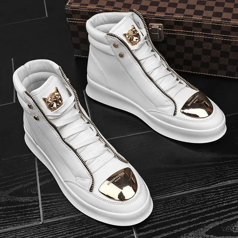 Spring New Martin Boots Men's High-top Sneakers Metal Casual Leather Boots Men's Korean Version Trend Hip-hop Shoes Luxuryshoes