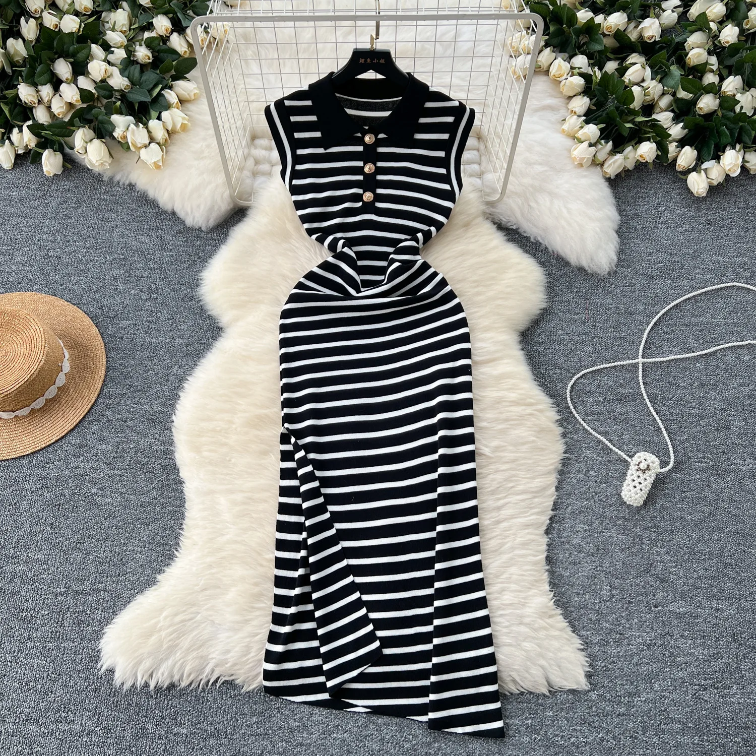 

Long Dress Women Knitted Dresses Striped Vestidos Streetwear Polo Neck Sleeveless Elegant Splice Y2k Bodycon Summer Club 2025