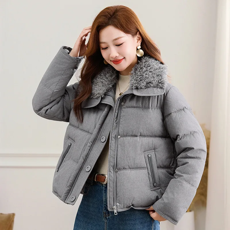 2026 Short Winter Parkas Women's Cotton-padded Jacket Spliced Lambswool-Collar Zip-up Loose Coats Female Thicken Warm Outerwear