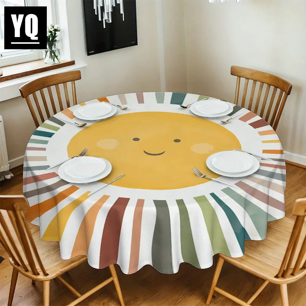 The colorful striped circular tablecloth with a smiling face and a sun print is the perfect gift for friends and family.xzj
