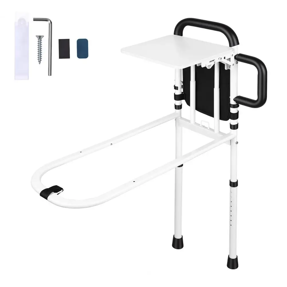 Bed Rails Crutch for Elderly Adults Safety, Height Adjustable Bed Assist Bar with Light, Folding Table & Storage Pocket Crutch