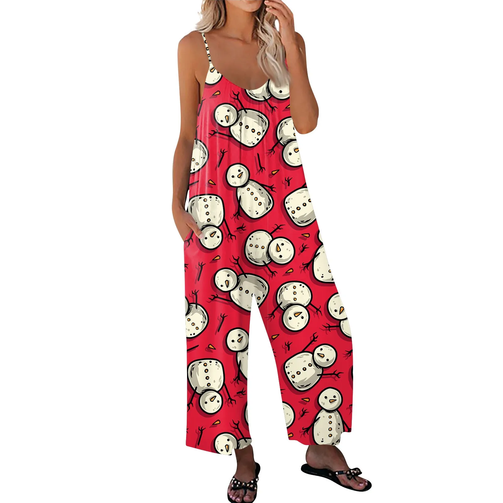 Women\'s Christmas Printed Jumpsuit Casual Loose Adjustable Suspender Jumpsuit Loose Versatile Sling Rompers Wide Leg Adjustable