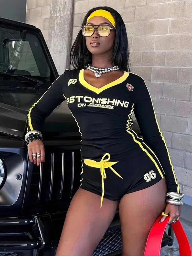 이상한 Puss Women Tracksuit 2 Piece Set 스트로크 타이트 힙스터 레터 프린트 스포티 캐주얼 크롭 탑 + 반바지 스트리트 매칭 의상