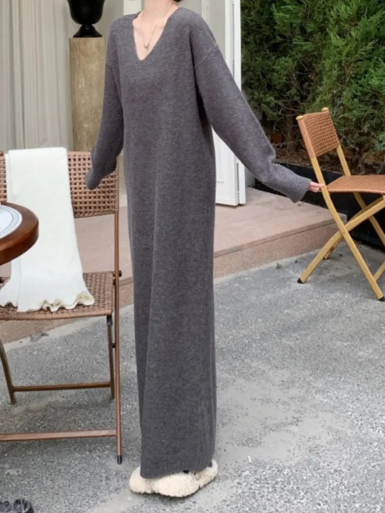 Sukienka damska wiosenno-jesienna oversize z dekoltem w serek, elegancka, vintage, luźna, koreańska sukienka damska z długim rękawem, sukienki damskie, vestidos