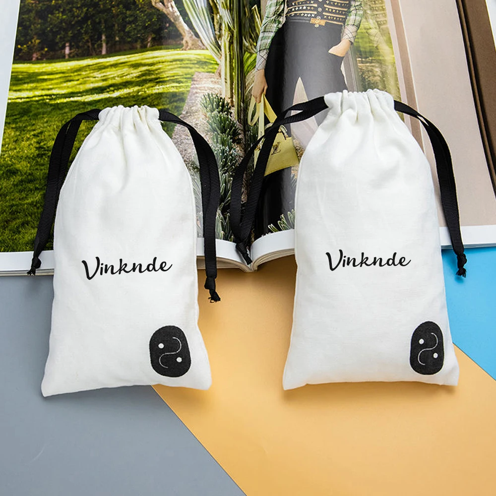 

100Pack White Cotton Dust Bags Custom Logo Small Ribbon Drawstring Jewelry Sack Burlap Canvas Pouch Luxury Earrings Ring Package