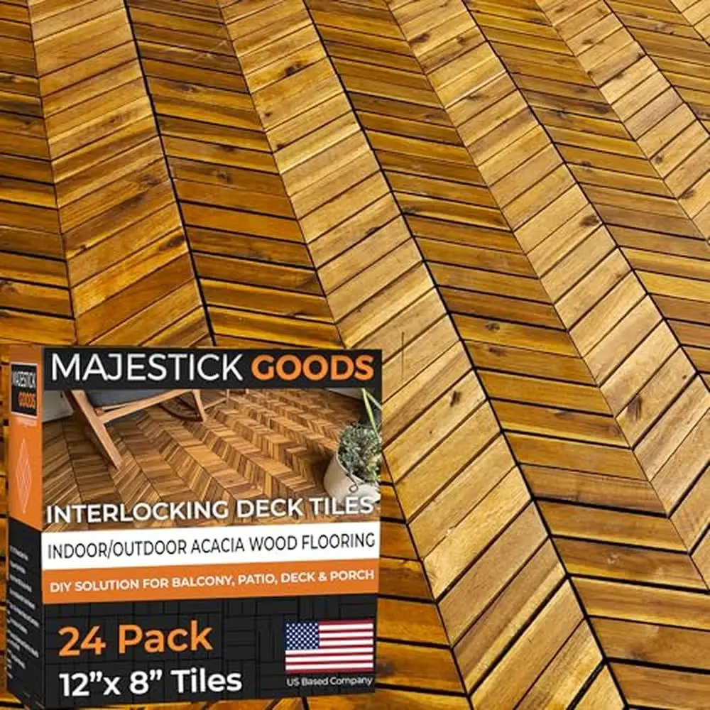 Interlocking Deck Tiles Acacia Wood Herringbone Non-Slip Outdoor Flooring Easy Installation Patio Balcony Renovation 18 Sq Ft