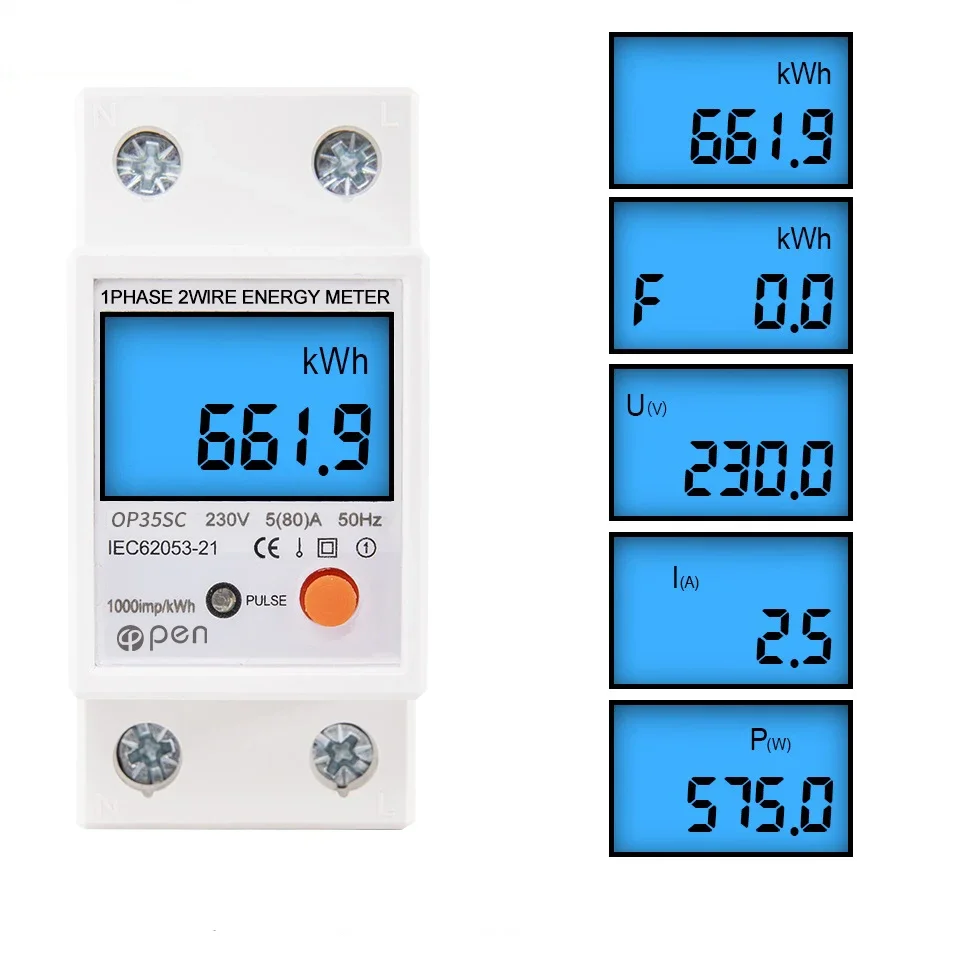 Din Rail LCD Digital Backlight Single Phase Energy Meter kWh Power Consumption Meter Wattmeter Electronic Reset Zero AC 220V 80A