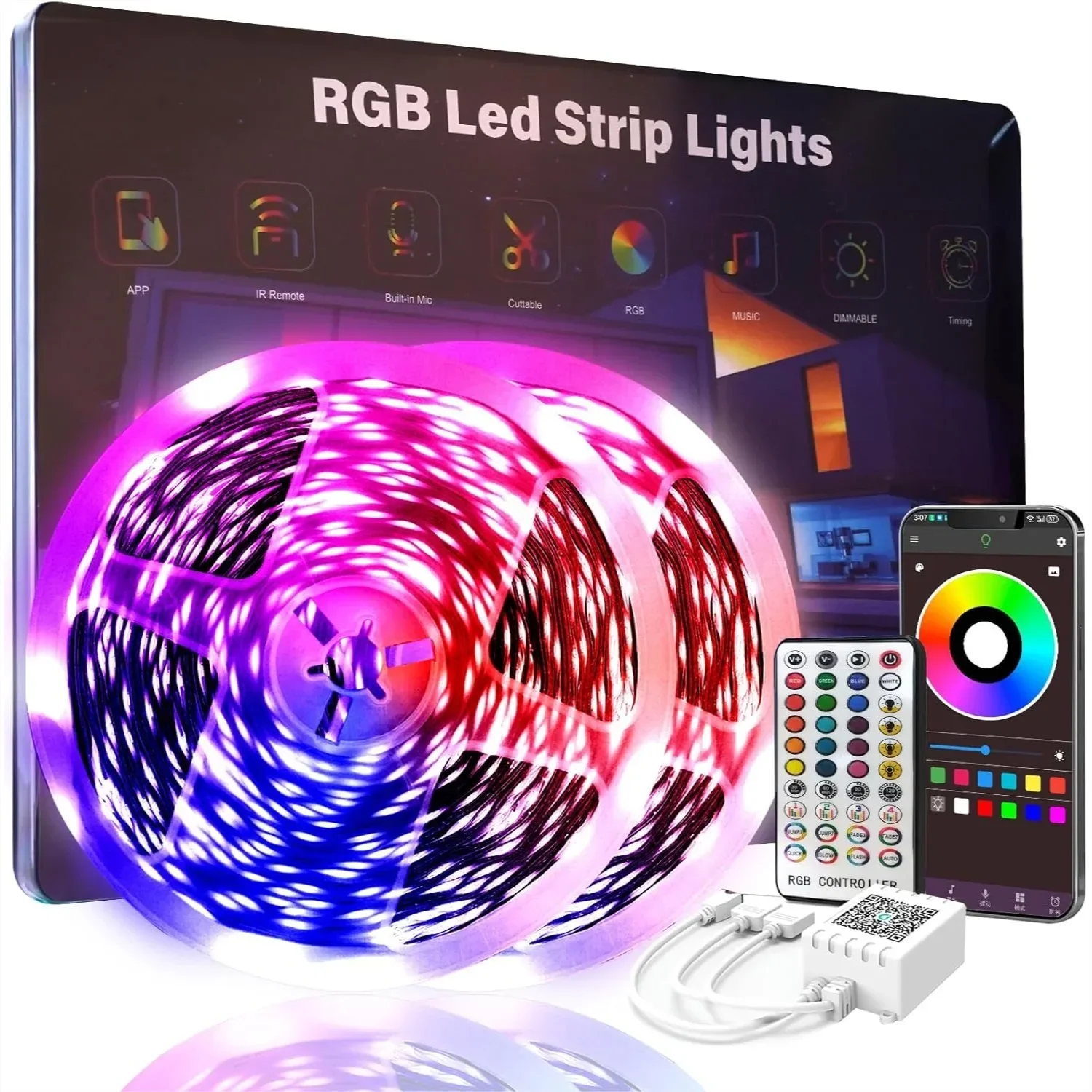 

200ft Led Lights for Bedroom 2 Rolls 100ft Each, Music Sync Bluetooth Strip Lights with Remote and App Control, RGB Color