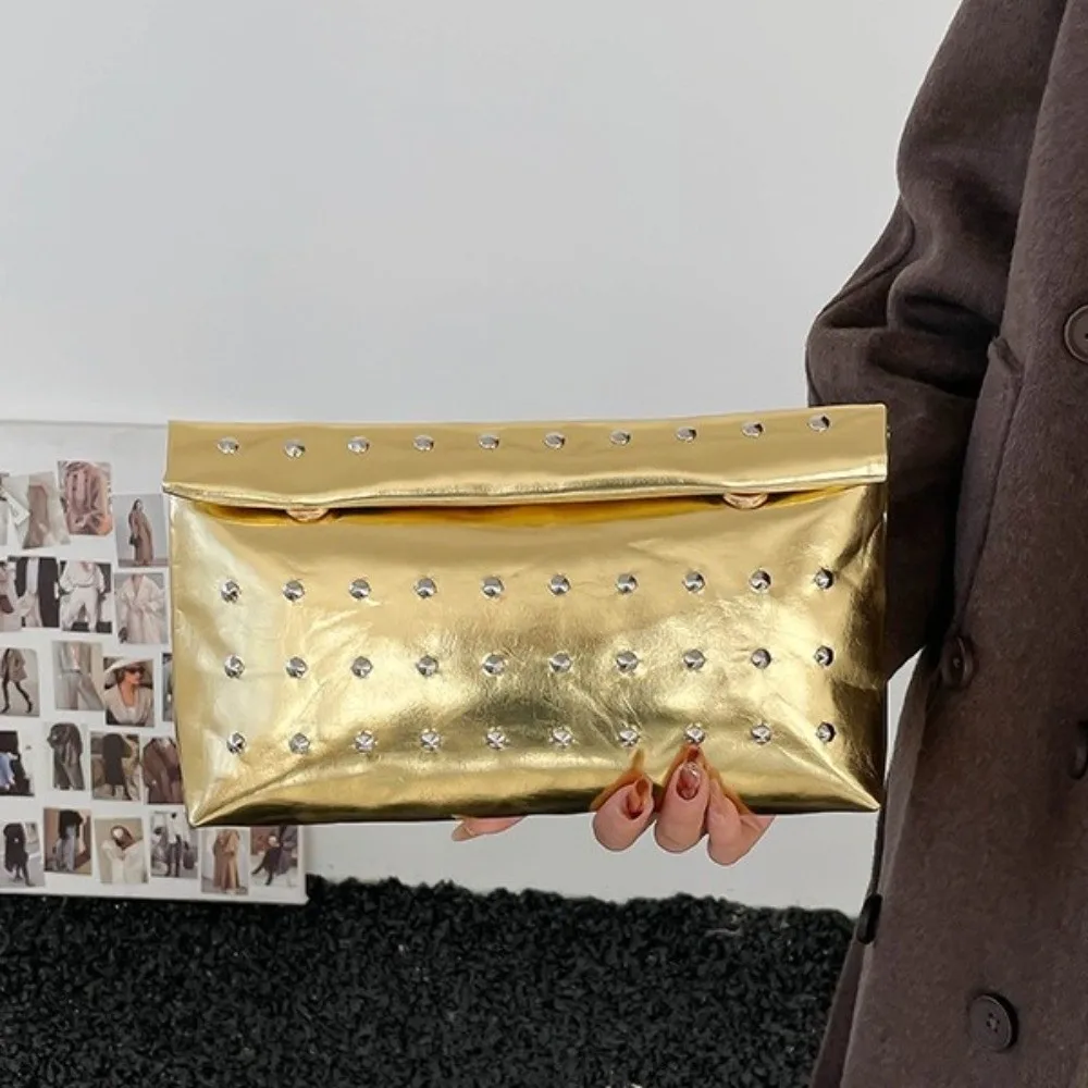 Luxury Rivet Envelope Clutch Bag Large Capacity Korean Style Leather Evening Bag Elegant Unique Solid Metallic Sheen Handbag