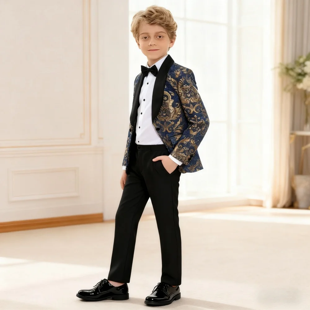 

Smart Boy Evening Dresses Boys Costume Suit For Graduation Children Wedding Suit For Boys Performance Black Floral Blazer Kid