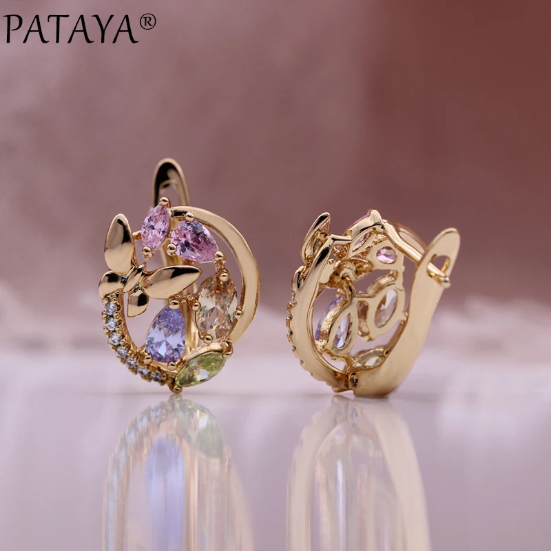 PATAYA New Design Water Drop Natural Zircon Earrings 585 Rose Gold Color Fashion Women Jewelry Butterfly Colorful Earrings