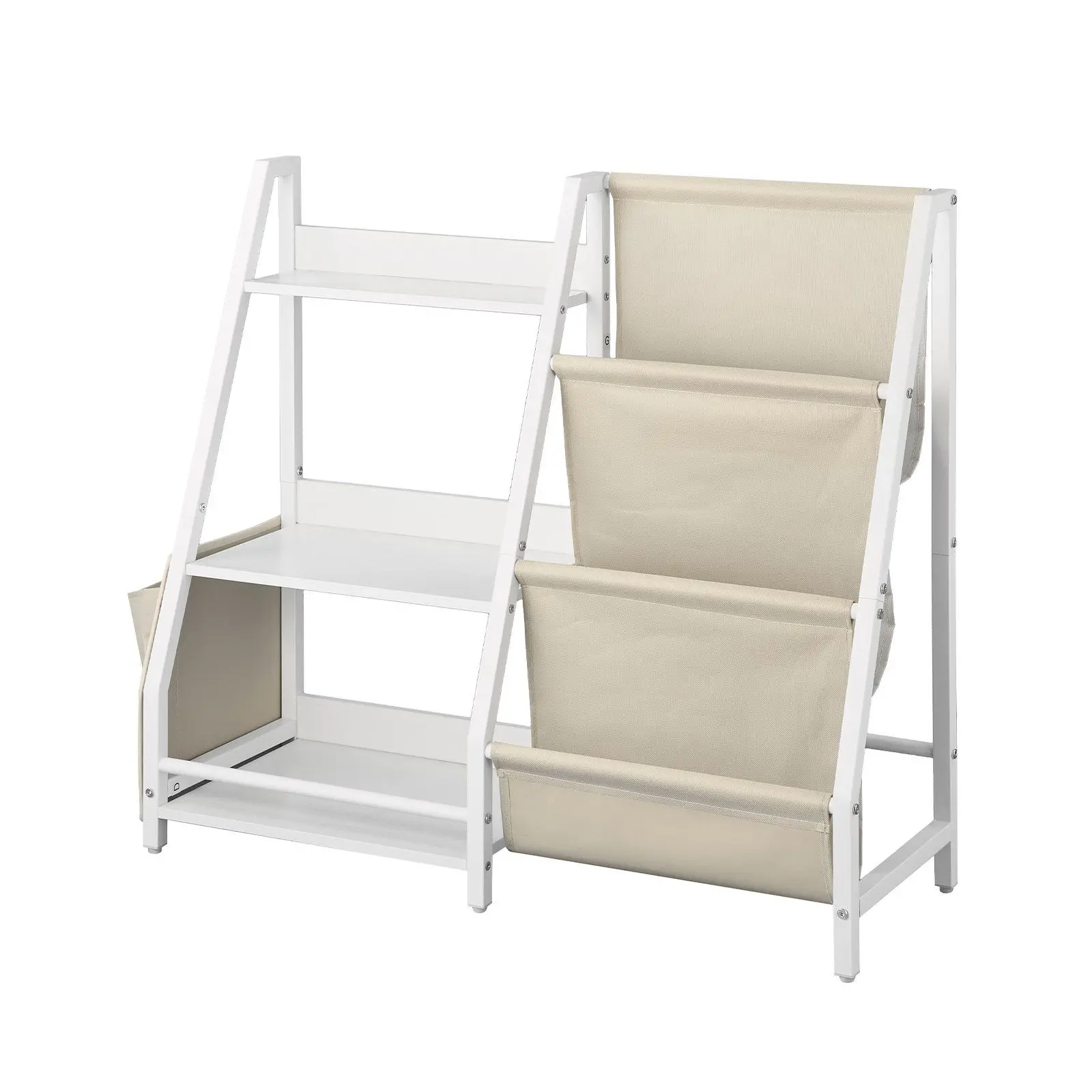 3-Tier Kids Bookcase with Sling Rack and Storage Bag 7 Open Sections Child-Safe Edges Easy Assembly Toy & Book Organizer