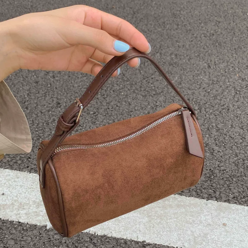 Vintage Suede Cylinder Shoulder Bag Retro Mini Round Crossbody Purse Simple Solid Color Women Casual Handbag Daily Small Bag