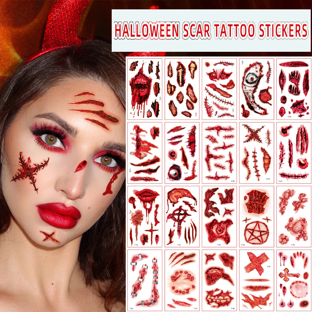 

Halloween Scar Tattoo Sticker 10 Piece Set Waterproof Horror Wounds Men Party Party Makeup Women Facial Sticker Festival Cosplay