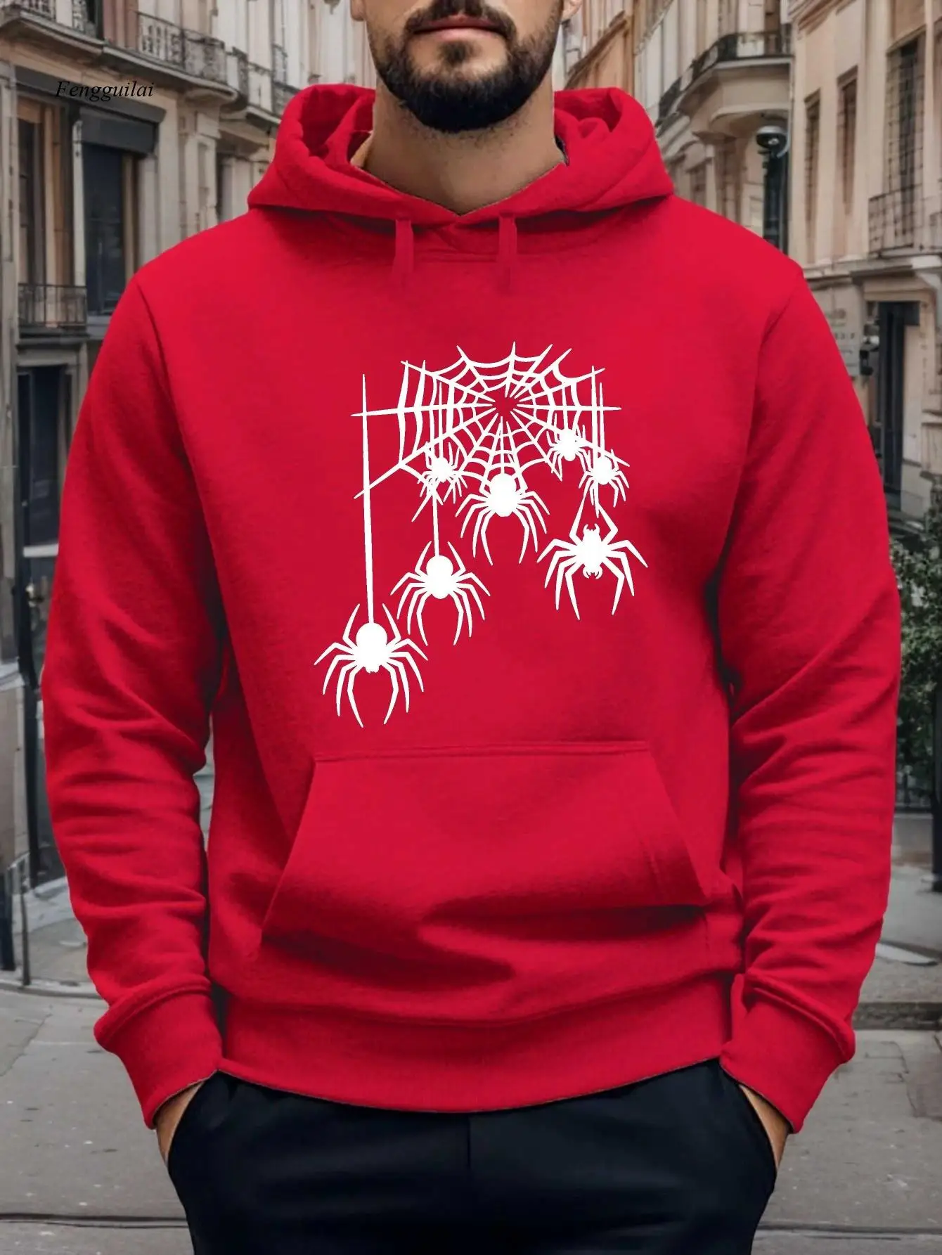 Sudadera con capucha de forro polar con estampado de telaraña gótica y murciélago - Beige con diseño de araña negra, acogedor jersey de forro polar