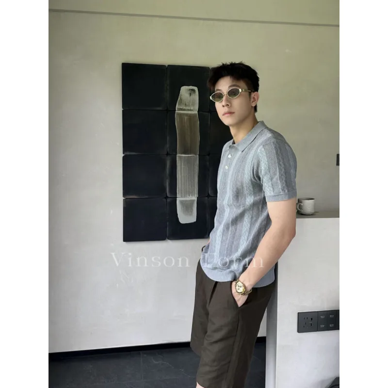 Summer New Style Men's Old Money Style Open-Back Silk Knitted Sweater with Colorful Texture Polo