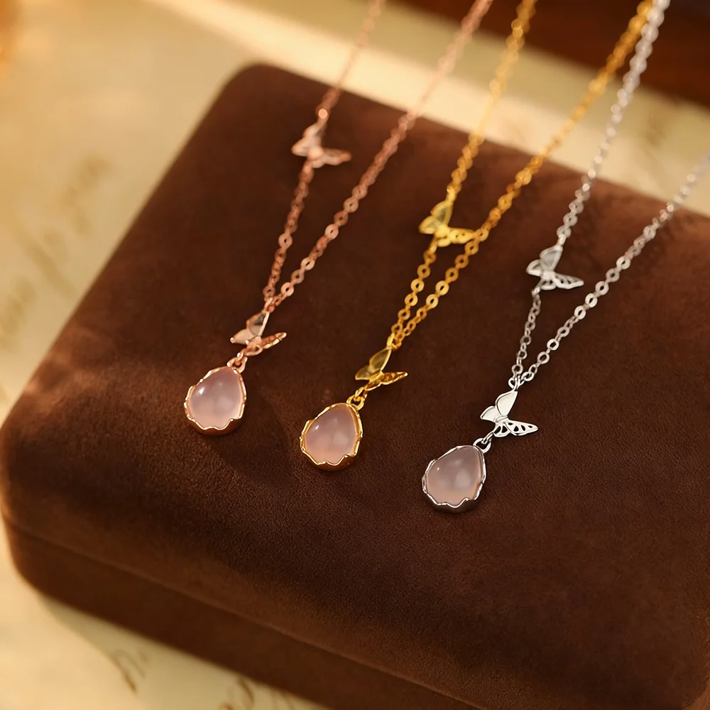 

Корейское сказочное ожерелье из стерлингового серебра 925 пробы, розовый кварц-бабочка, капля халцедона, женская цепочка на ключицу