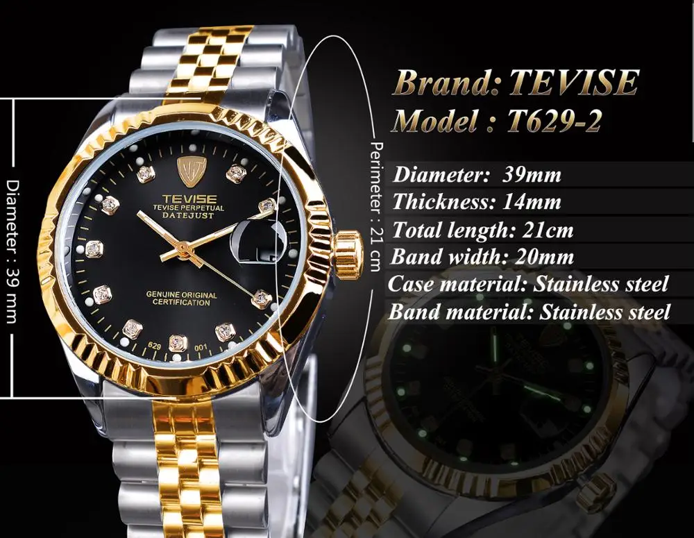 TEVISE Luxury Brand Diamond Gold Black Fashion Watch Stainless Steel Automatic Mechanical Clock Calendar Unique Gift For Men