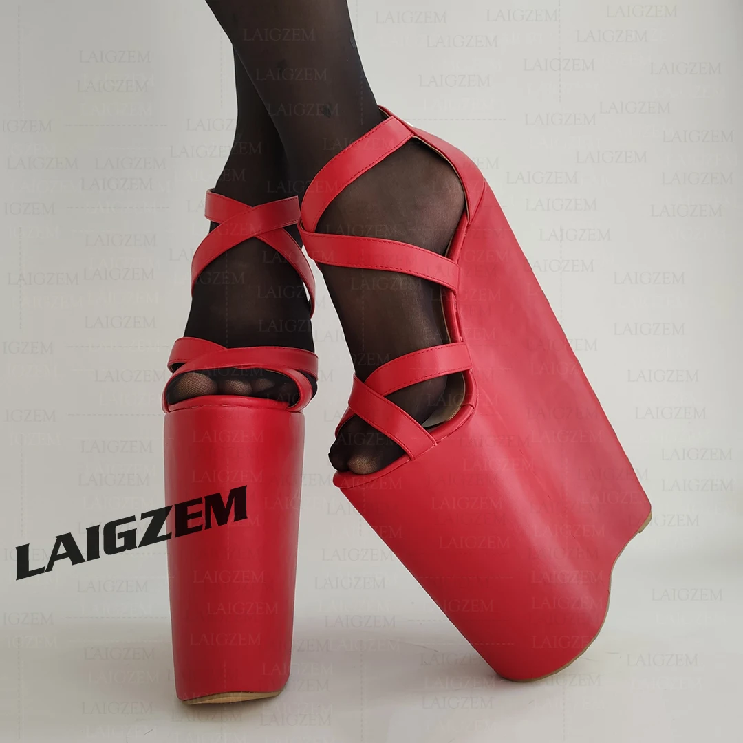 LAIGZEM Women Sandals 20CM Platform Wedges 30CM High Heels Pumps Height Increase Party Prom Shoes Woman Big Size 36 41 43 46 48