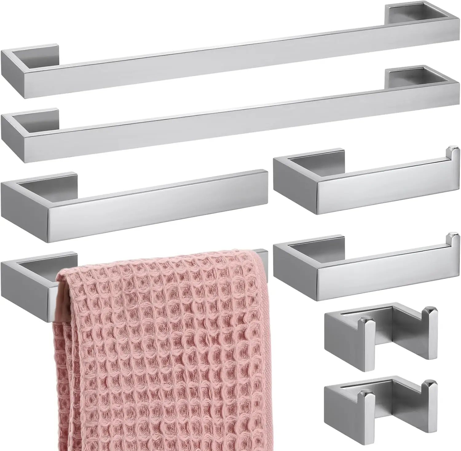 

8-Piece Bathroom Hardware Set. Towel Holder, Robe Hook, Toilet Paper Holder. Brushed Stainless Steel. Wall-Mounted. Silver.