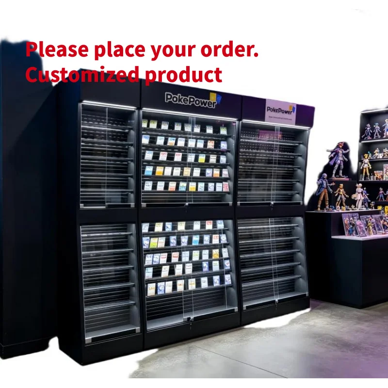 custom.Maxsen Black Lockable Glass Trading Card Display Cabinet LED Lighting Countertop/Freestanding TCG Sports Card Game