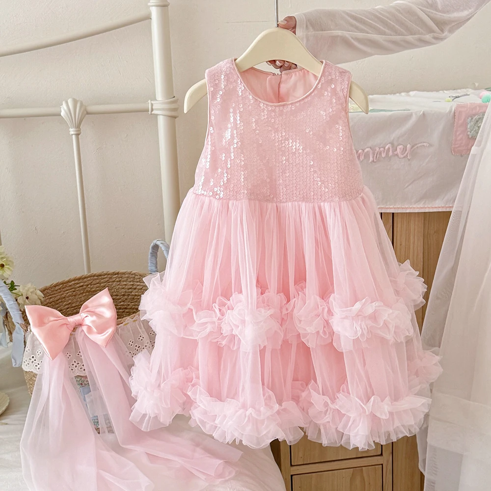 Girls Sequin Tulle Tiered Dress for Birthday Party Summer Sweet Sleeveless Ruffle Layered Bubble Dresses Kids Princess Dress