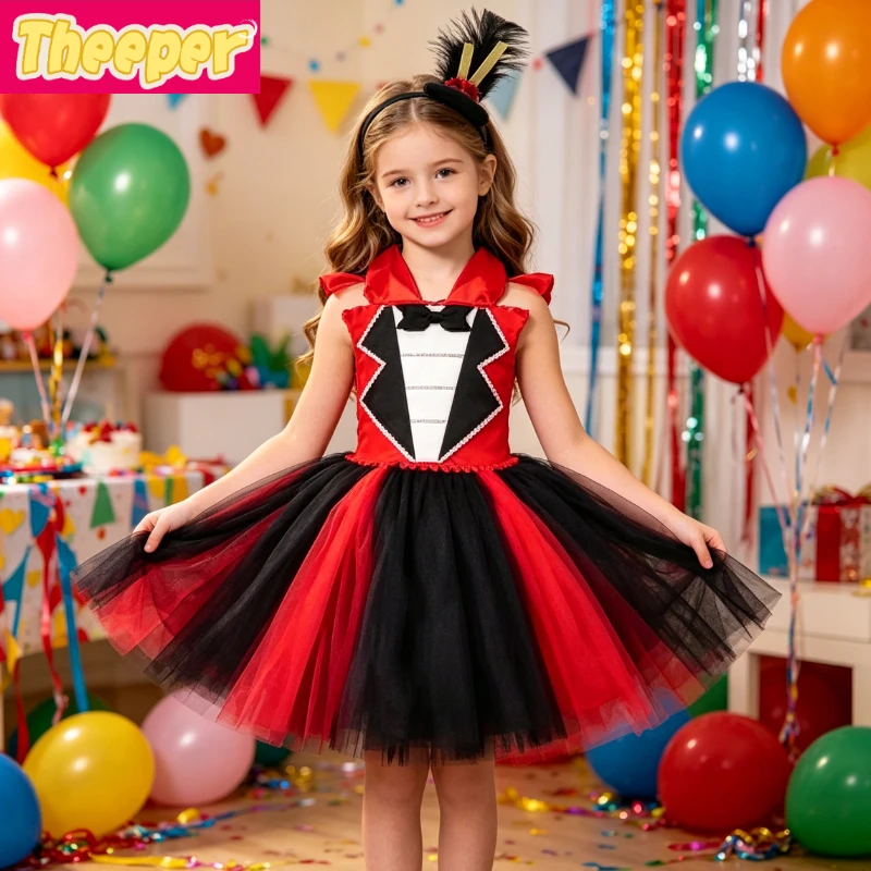 Traje de Presentador de Circo Vintage con Adornos de Plumas y Lazo para el Cabello a Juego, Perfecto para Bailes de Máscaras y Carnaval