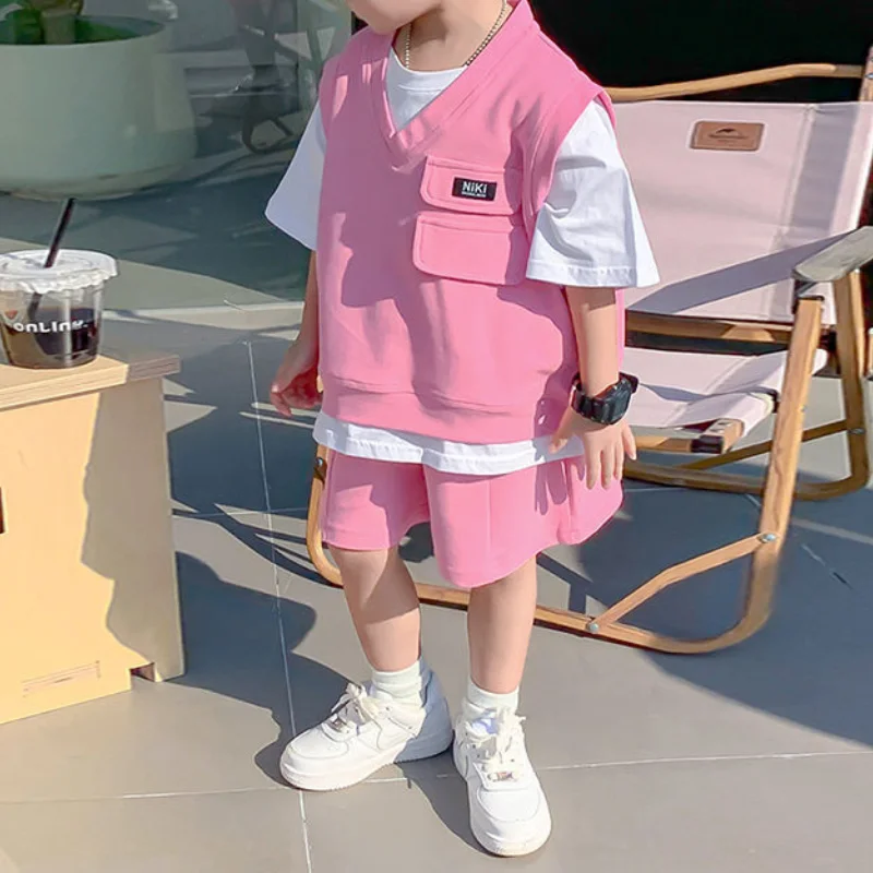 Boys Clothing Summer 2023 New Children Fashion Short Sleeve Casual Handsome Solid Color Cotton Round Neck Fake Two Pieces Sets