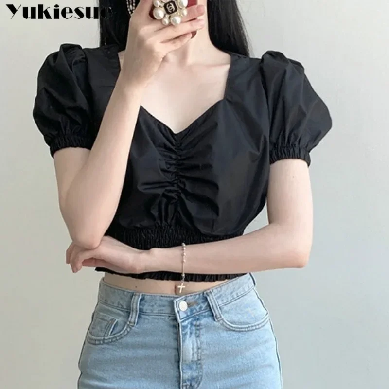 V Collar Sexy T-Shirt Women Fashion Puff Sleeve Female Short Tops Slim Black White Tees Women's Clothing blouse women