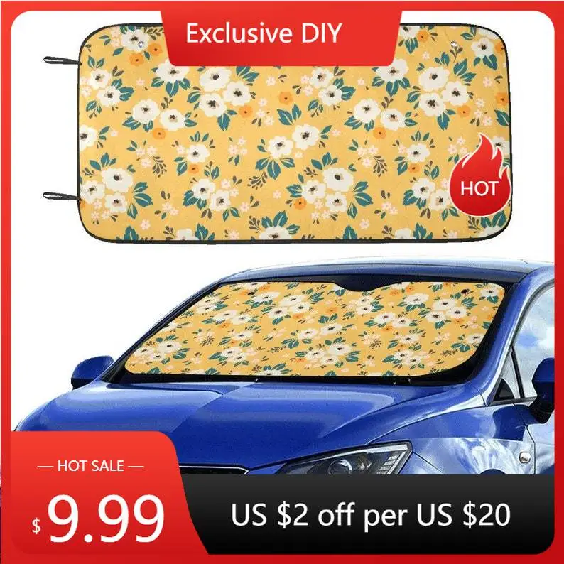 Yellow Floral Cute Sun Windshield, Flowers Car SUV Accessories Auto Shade Protector Front Window Visor Women Girls Screen Cover