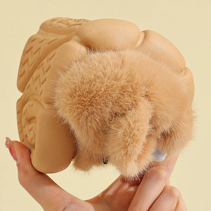 Cute Capibala Fluffy Fur Children Indoor Slippers 2025 Winter Soft Thick Bottom Non Slip Home Slippers Child Cartoon Plush Slide