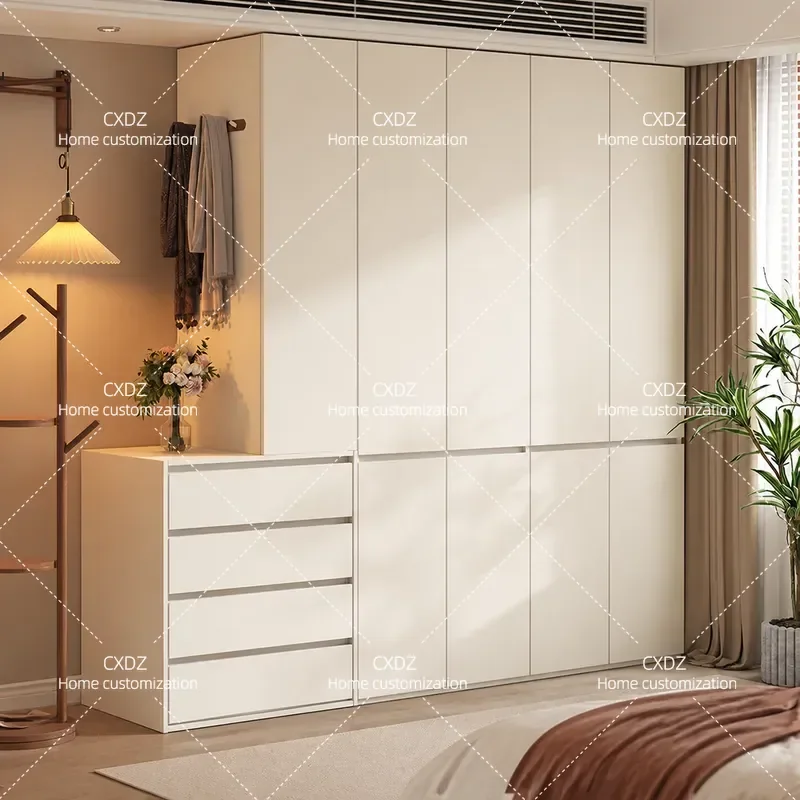 Solid Wood Chest Combination Wardrobe Household Bedroom No Punching Hook Coat Cabinet Cream Style Storage Sectional Wardrobe