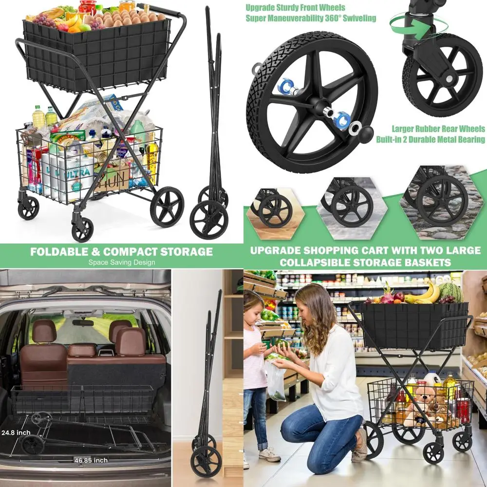 عربة بقالة كبيرة جدًا قابلة للطي بطبقتين بسعة 400 رطل وسلال قابلة للإزالة للتسوق وزجاجات المياه