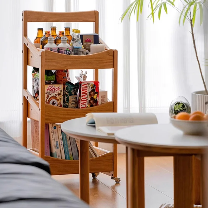 Fruit shelf Solid wood trolley Living room fruit snack display rack with wheels Movable multi-grid display shelf