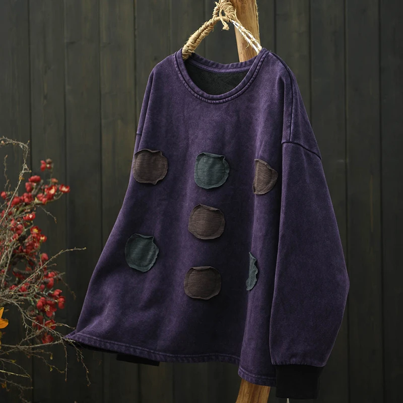 เสื้อสเวตเชิ้ตแขนยาวผู้หญิง สไตล์ลำลอง รุ่นใหม่ล่าสุด ฤดูใบไม้ร่วง 2025 สไตล์วินเทจ คอกลม ทรงหลวม ผ้าฝ้ายหนา รุ่น M2223