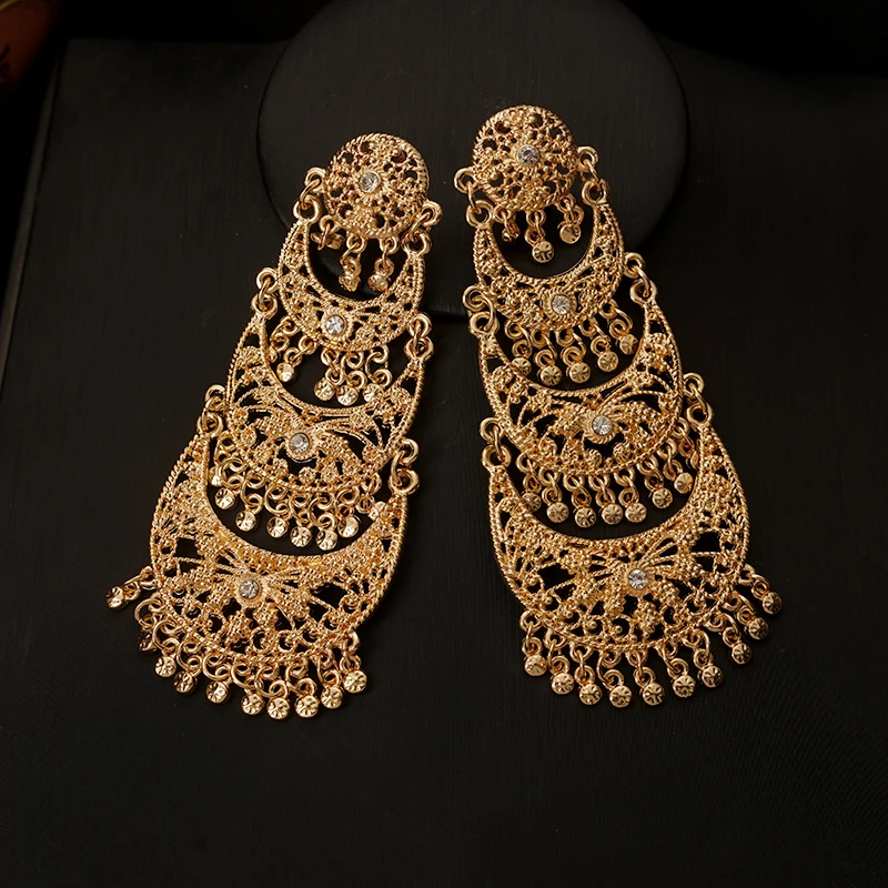 Algerian Bridal Heavy Earring with Tassels Gold Plated Drop Earring for Women Moon Shape Dangle Earrings Bijoux Marriage